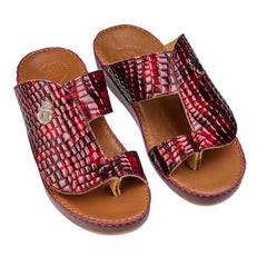 AN - 7017 Burgundy / Tan - Glossy Croc Textured Luxury Handcrafted Arabic Sandal for Men